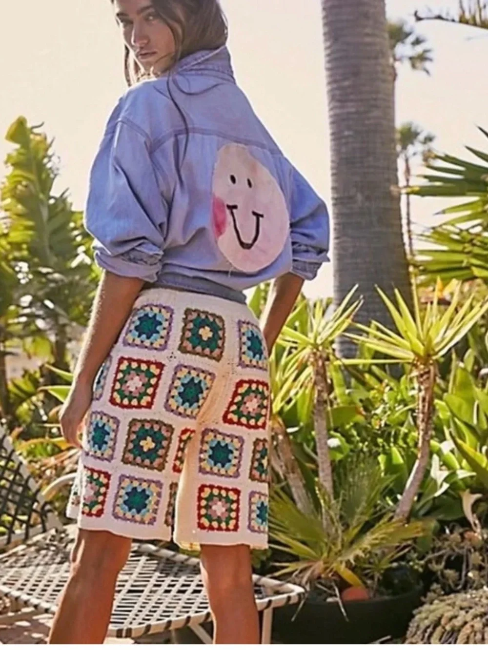 Free People x Flook Crocheted Granny Square Long Shorts Artisan Made Bali